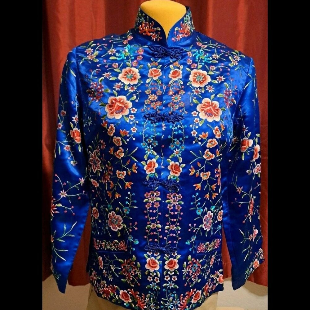 Vintage Plum Blossom Blue Silk Satin Embroidered Mandarin Collar Jacket